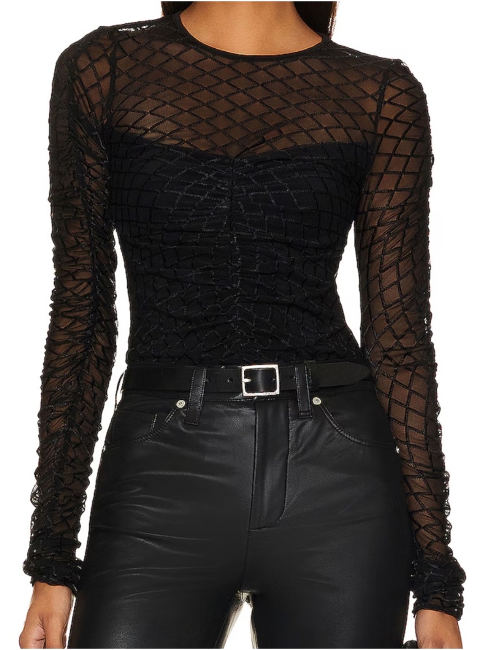 Amanda Uprichard Safira Top - Black Ruched Diamond Mesh Long-Sleeve Top